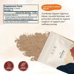 Ohana Agaricus Blazei organic label highlights USDA organic sourcing.