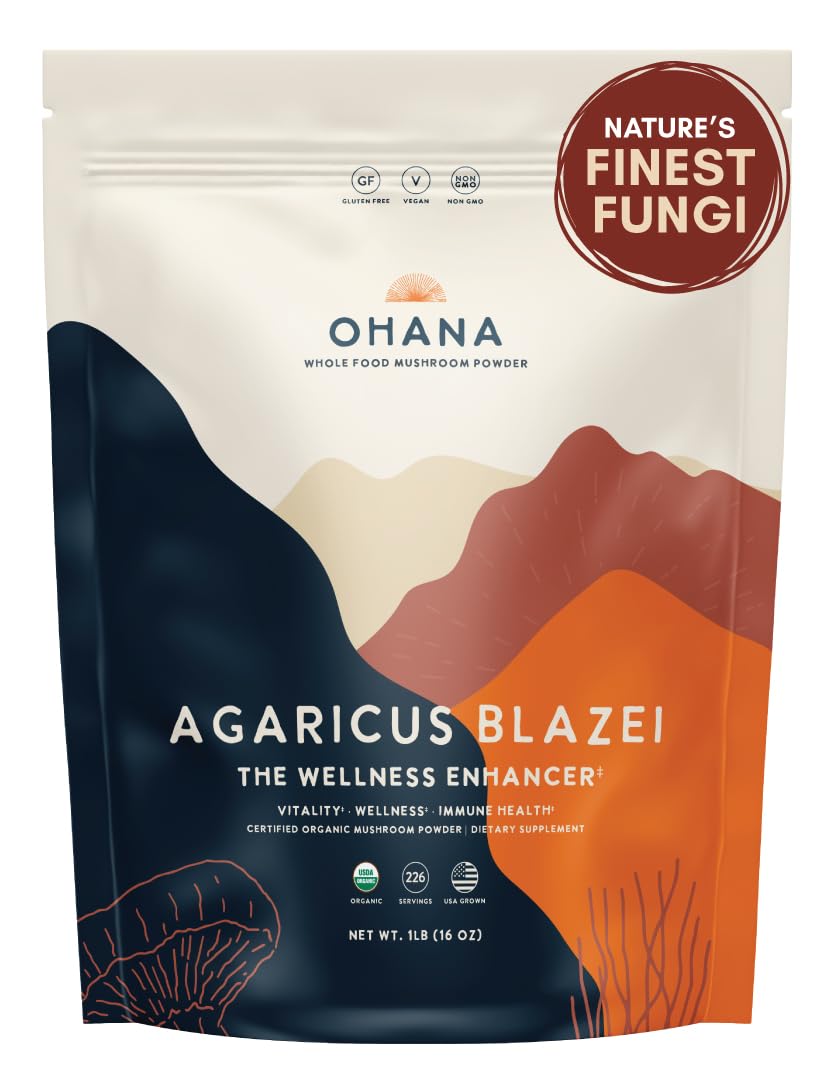 Ohana Agaricus Blazei powder bag shows USDA organic daily nutrition