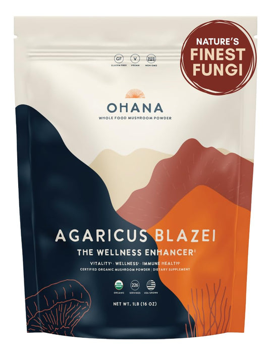 Ohana Agaricus Blazei powder bag shows USDA organic daily nutrition