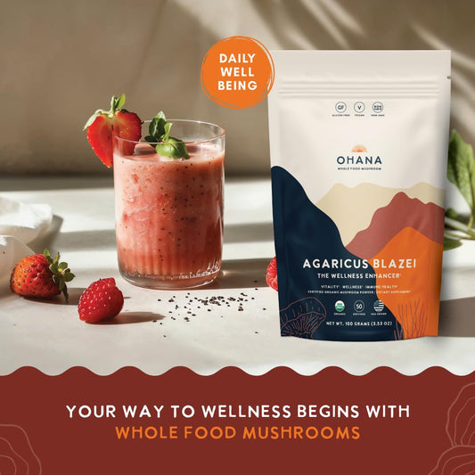 Ohana Agaricus Blazei powder spoon ideal for shakes and smoothies.