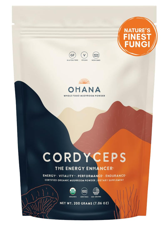 Ohana Cordyceps bag front highlights USDA Organic certification for daily wellness.
