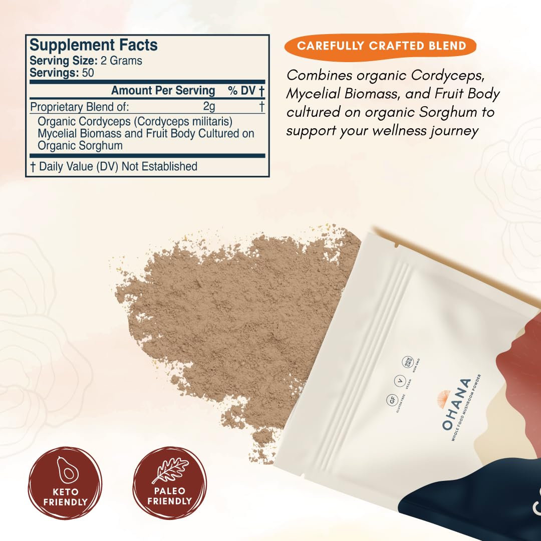 Ohana Cordyceps capsules bottle highlighting convenient, gluten-free supplement.