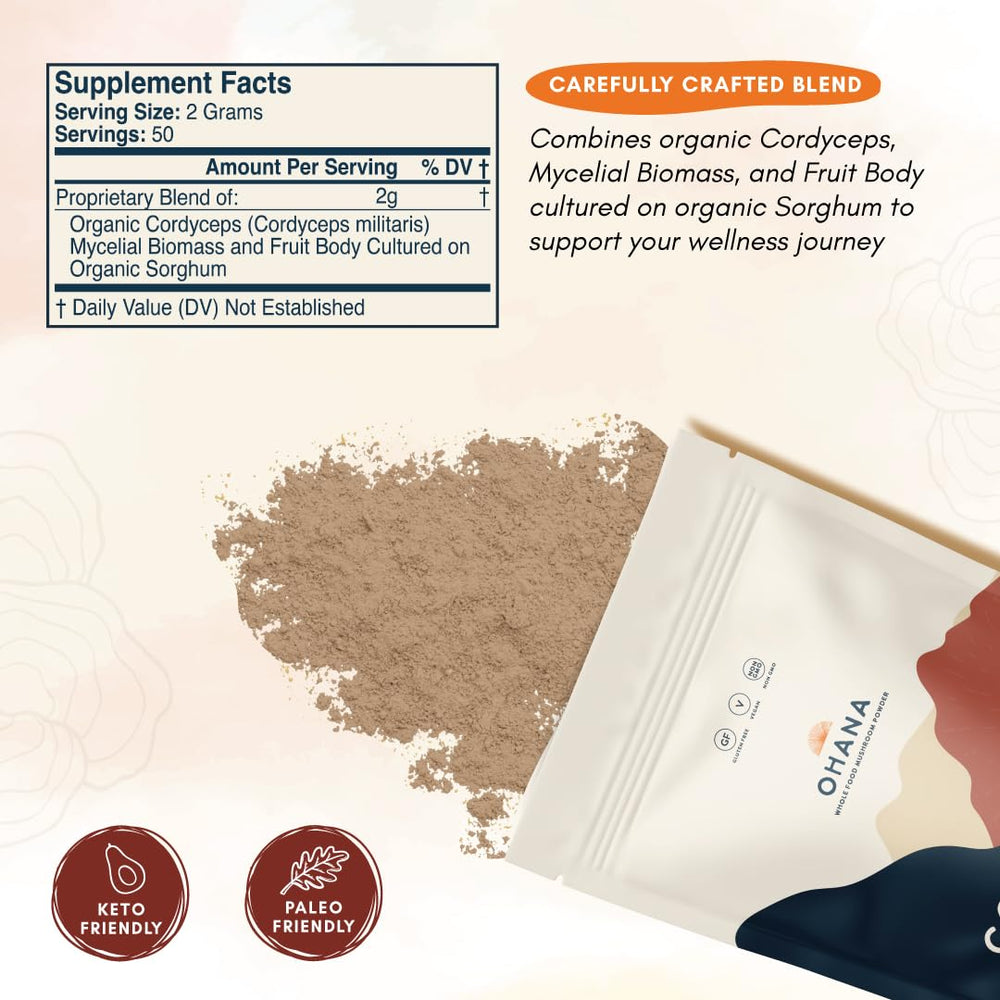 Ohana Cordyceps capsules bottle highlighting convenient, gluten-free supplement.
