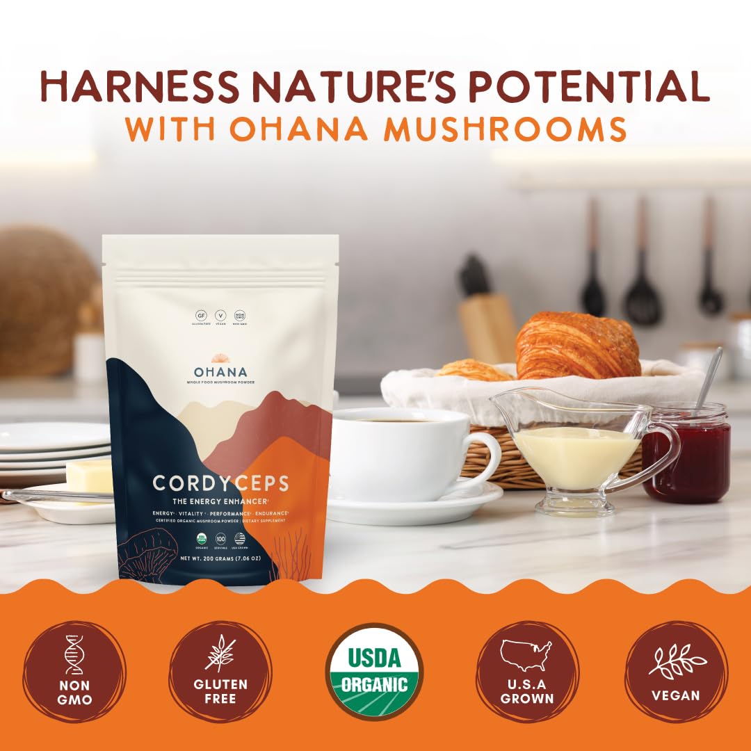 Ohana Cordyceps capsules offer convenient daily intake during a busy morning.