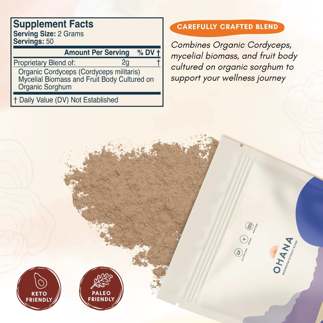 Ohana Cordyceps Extract label details — ingredients and diet tips.