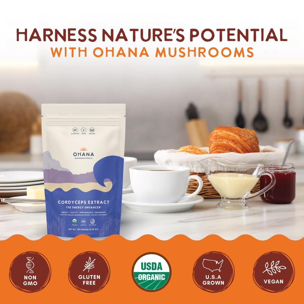 Ohana Cordyceps Extract shake mix — blends smoothly into drinks.
