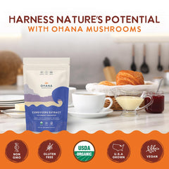 Ohana Cordyceps Extract shake mix — blends smoothly into drinks.