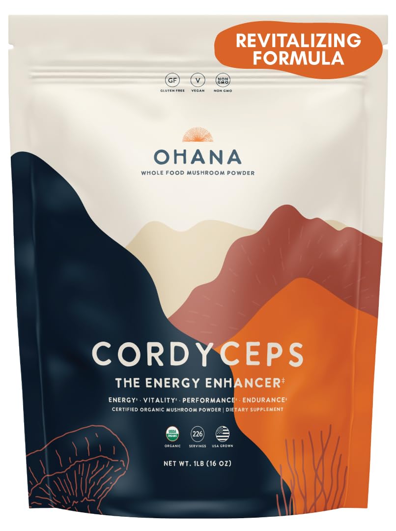 Ohana Mushrooms Cordyceps powder container ready for daily energy boosts.