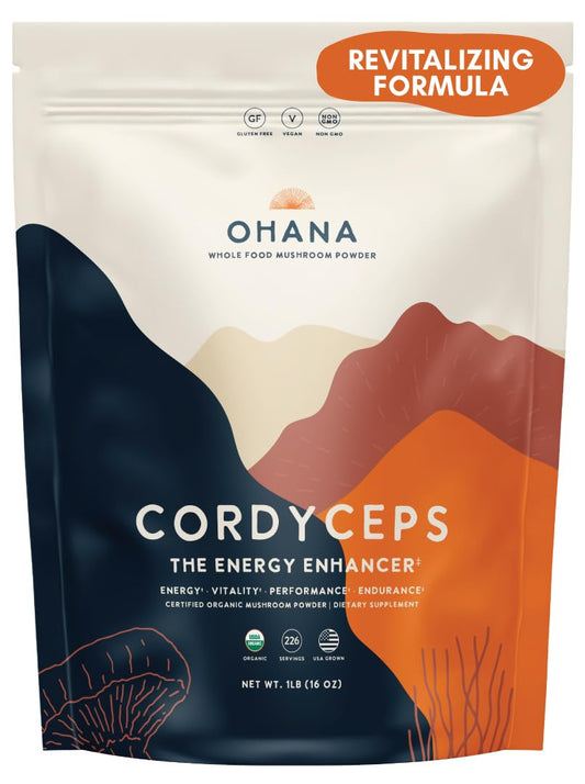 Ohana Mushrooms Cordyceps powder container ready for daily energy boosts.