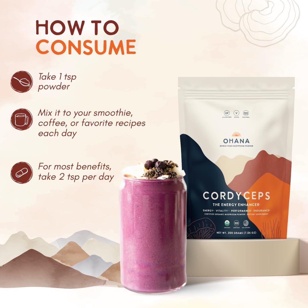 Ohana Cordyceps powder dissolving in water for quick energy support.