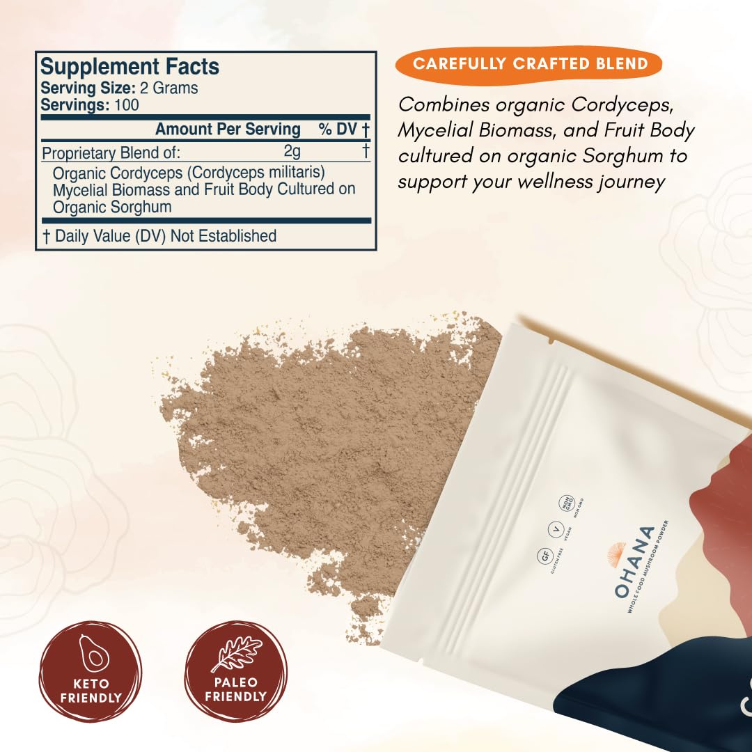 Ohana Cordyceps powder stirred into smoothie for sustained vitality.