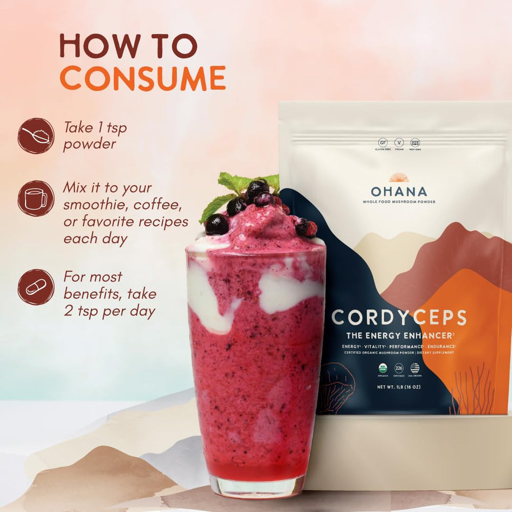 Ohana Cordyceps powder tub with measured servings.