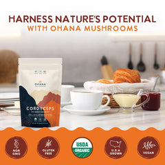Ohana Cordyceps US-grown bottle against kitchen counter.