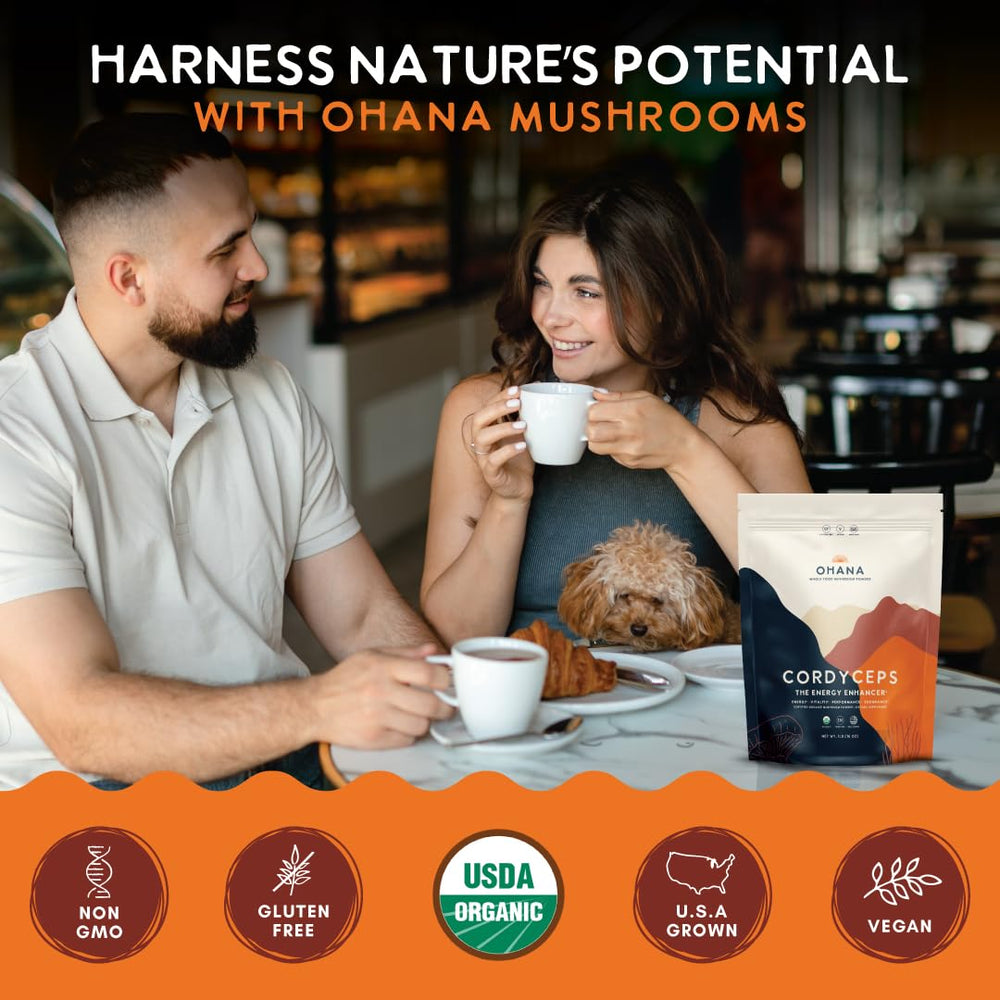 Ohana Mushrooms US grown and organic certified logo showcases quality.
