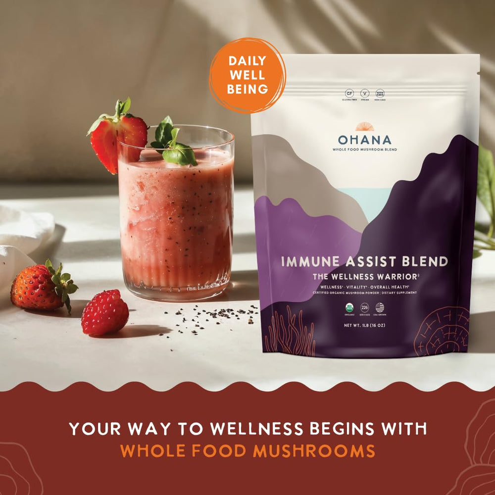 Ohana Immune Assist Blend scoop measuring demonstrates precise daily dosing for convenience.