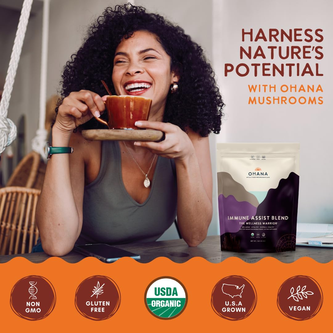 Ohana Immune Assist Blend USA grown closeup highlights organic non GMO quality.