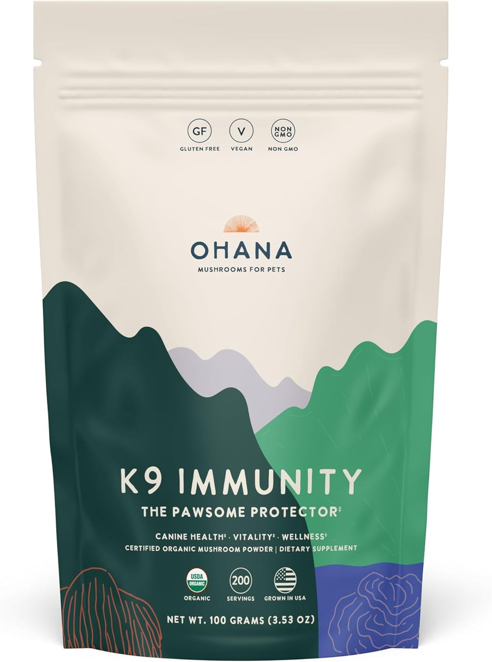 Ohana K9 Immunity powder bag shows convenient immune support you can mix into meals
