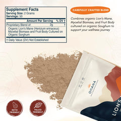 Ohana Lion’s Mane bottle close-up label emphasizes organic cultivation and quality.