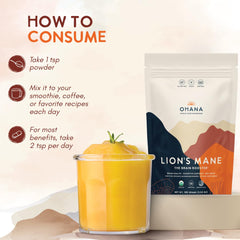 Ohana Lion’s Mane powder in cup ready to blend into tea or smoothie.