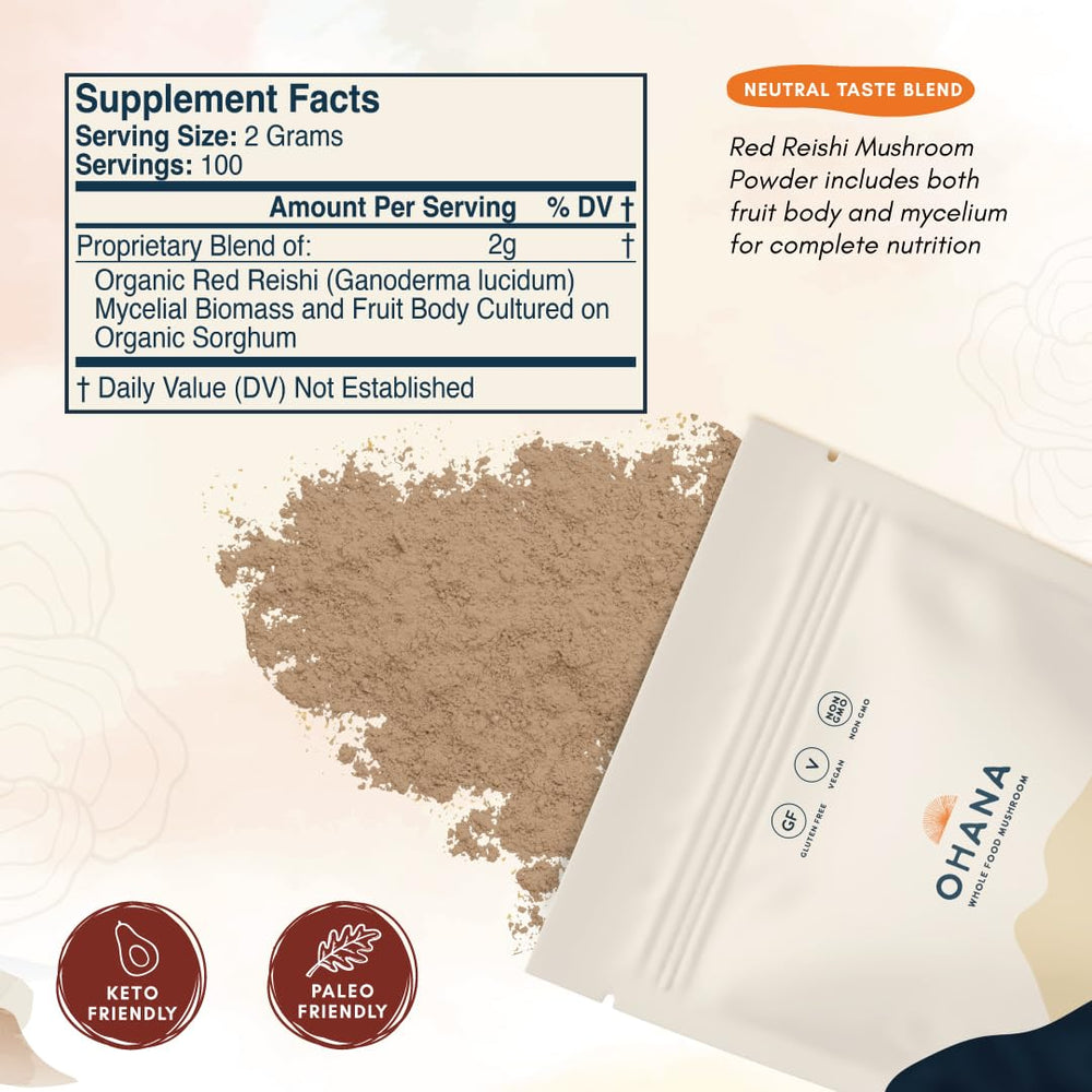 Ohana Red Reishi organic seal assures USDA organic quality and non-GMO standards.