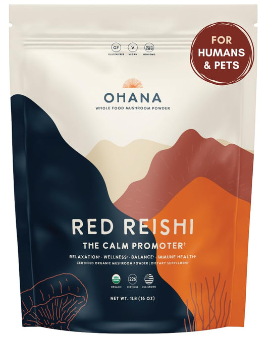Ohana Red Reishi powder bag for daily wellness with organic mushrooms.