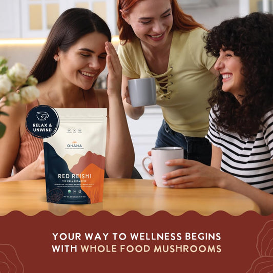 Ohana Red Reishi powder open scene shows convenient daily use for smoothies.