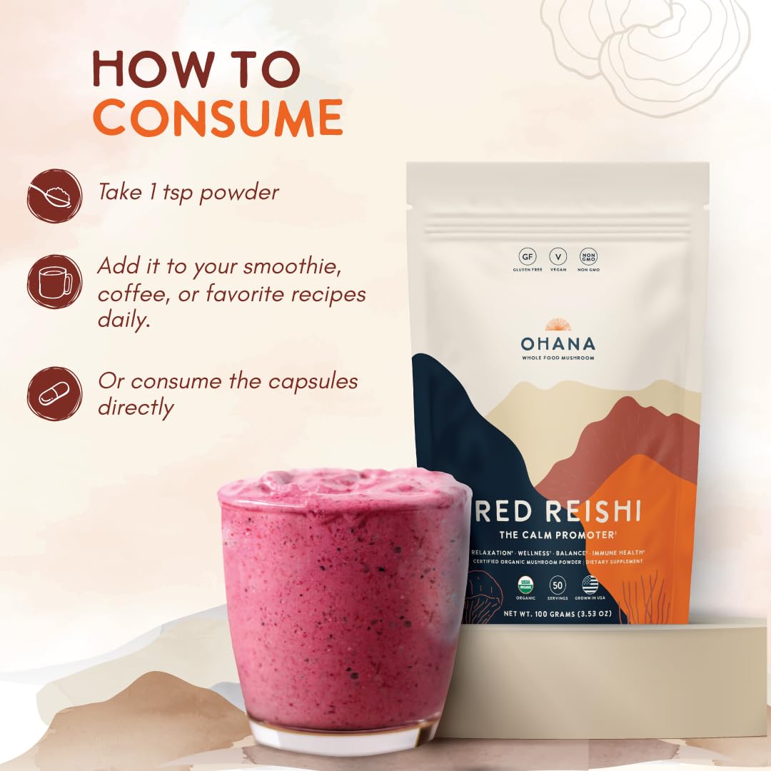 Scoop of Ohana Red Reishi powder ready to pour into a smoothie
