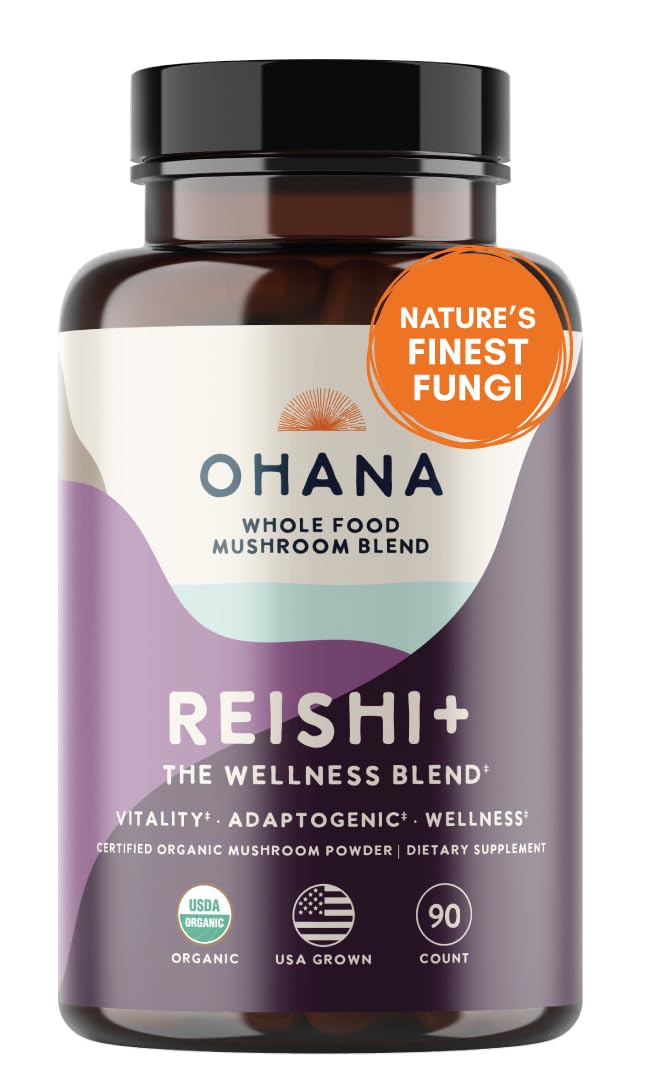 Ohana Reishi+ bottle showing the organic mushroom blend for daily vitality.