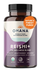 Ohana Reishi+ bottle showing the organic mushroom blend for daily vitality.