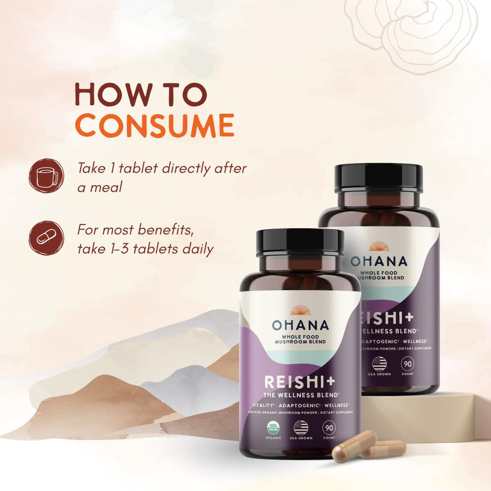 Close-up of Ohana Reishi+ label highlighting USDA Organic and non-GMO.