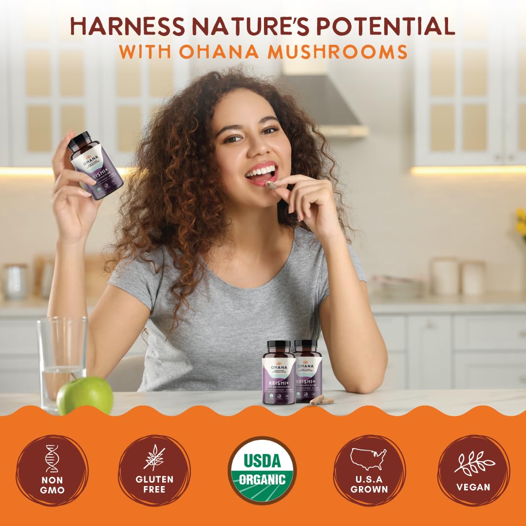 Organic seal on Ohana Reishi+ packaging communicates certification and trust.