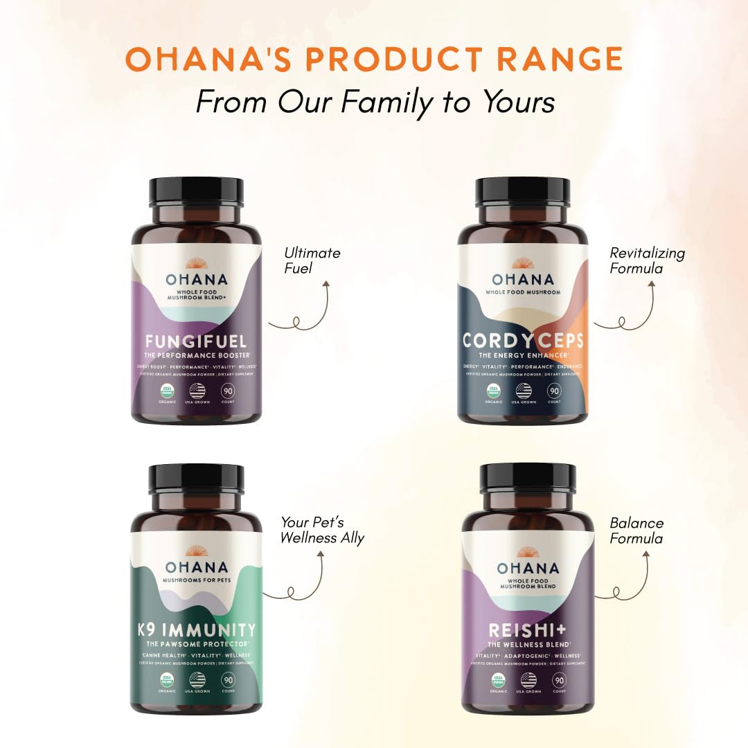 Ohana Reishi+ packaging details for keto, paleo, vegan lifestyles.