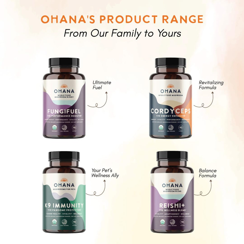 Ohana Reishi+ packaging details for keto, paleo, vegan lifestyles.