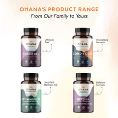 Ohana Reishi+ packaging details for keto, paleo, vegan lifestyles.