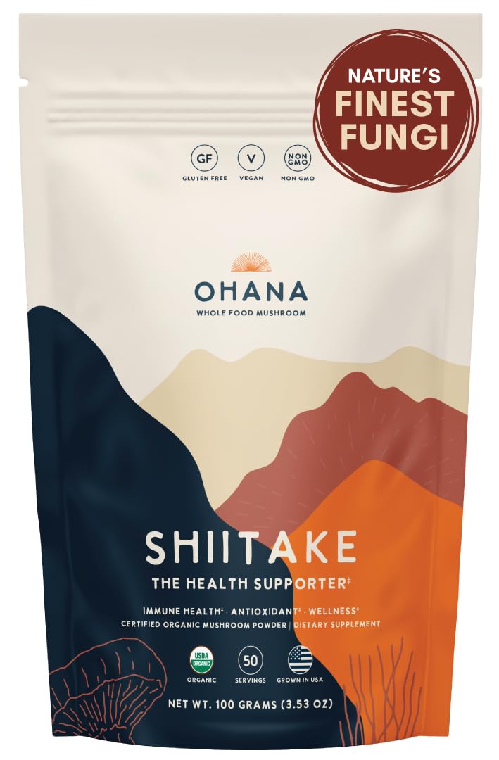 Ohana Shiitake powder bottle front view shows organic, gluten-free supplement.