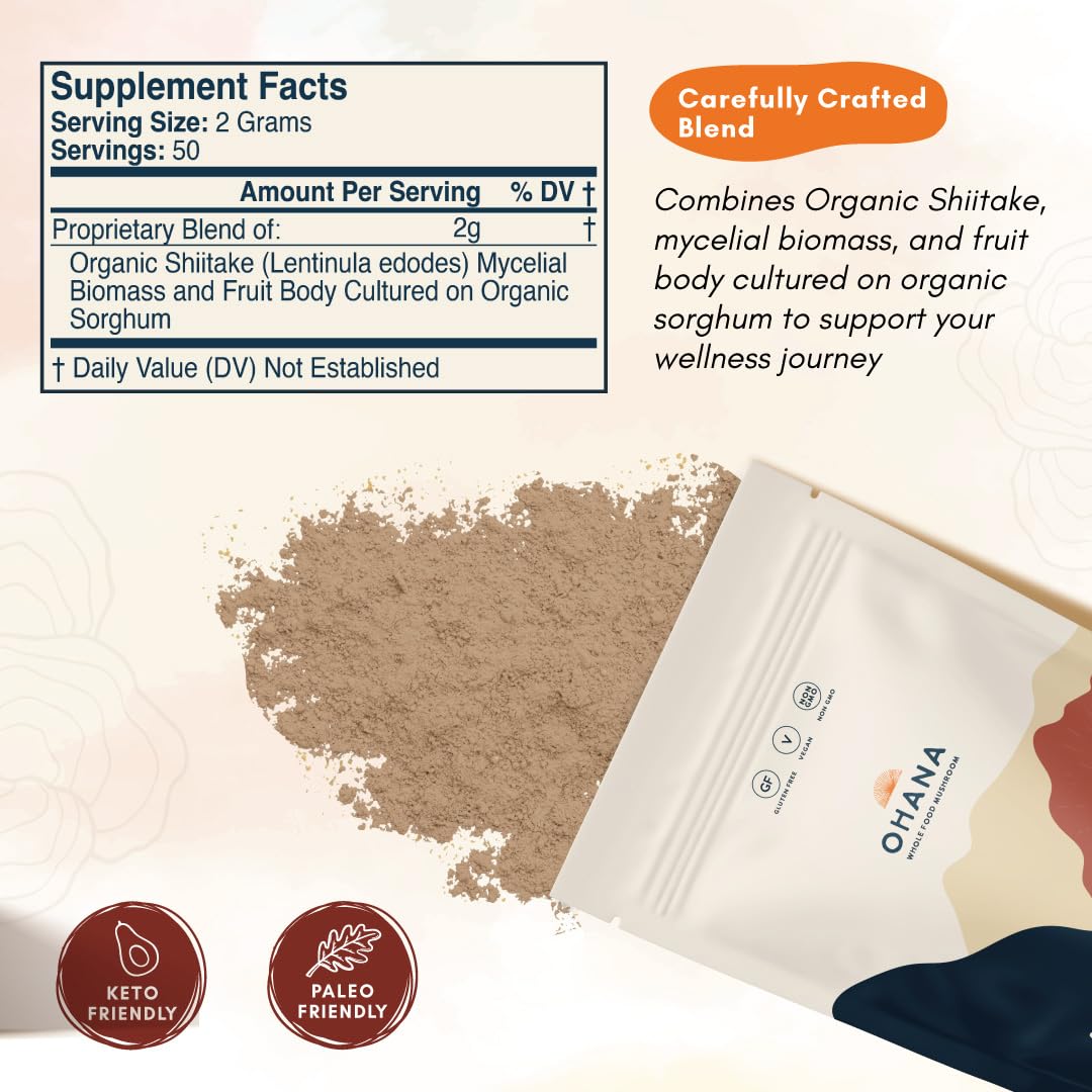 Ohana Shiitake powder close-up texture ideal for smooth mixing.