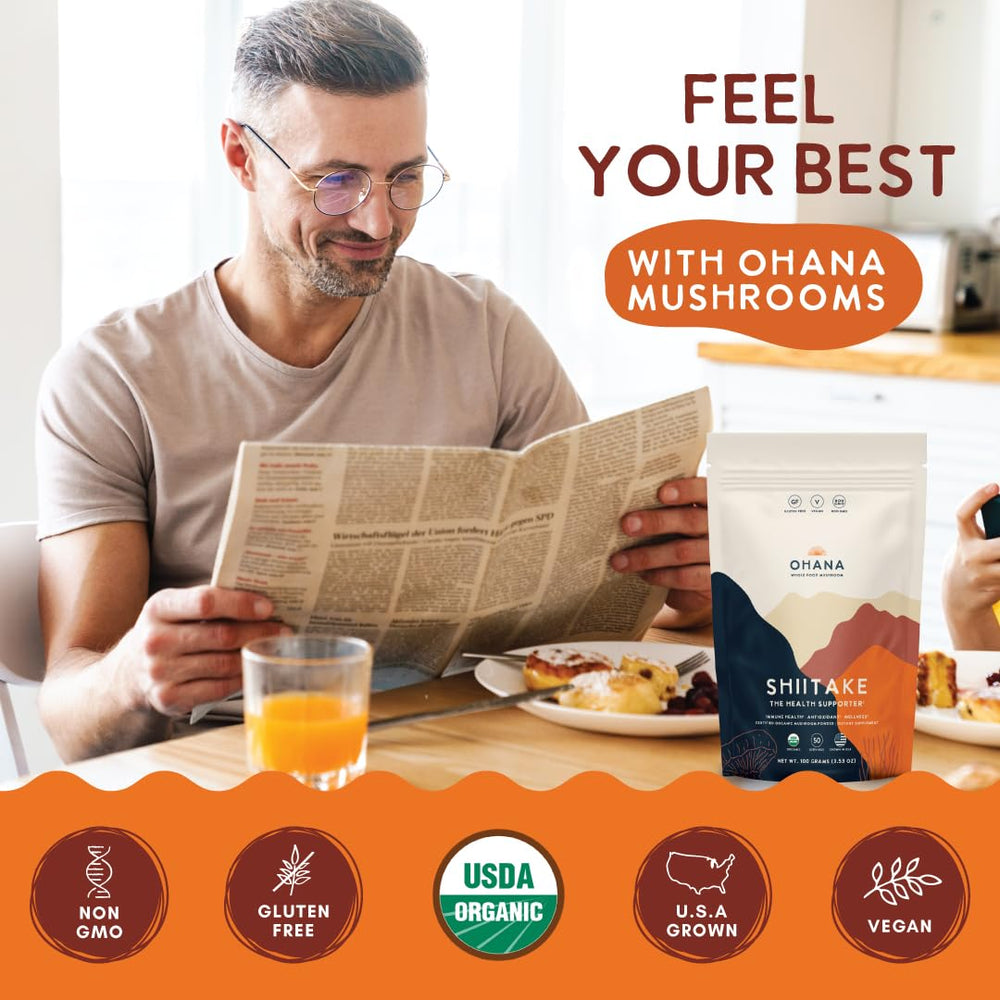 Ohana Shiitake powder package highlighting gluten-free and keto-friendly features.