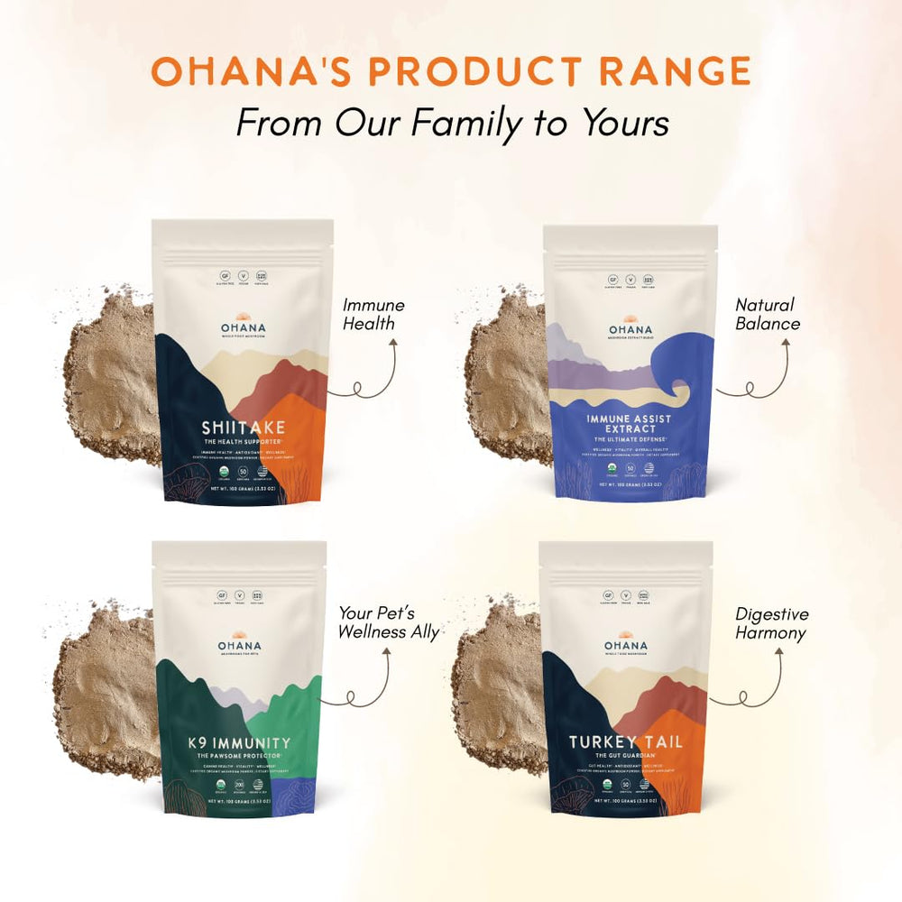 Ohana Shiitake powder in tea or smoothie shows convenient integration.