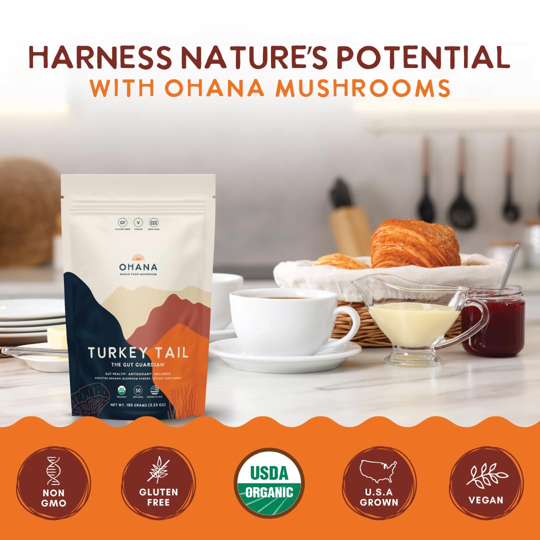 Ohana Turkey Tail bag on a kitchen counter with certification visible