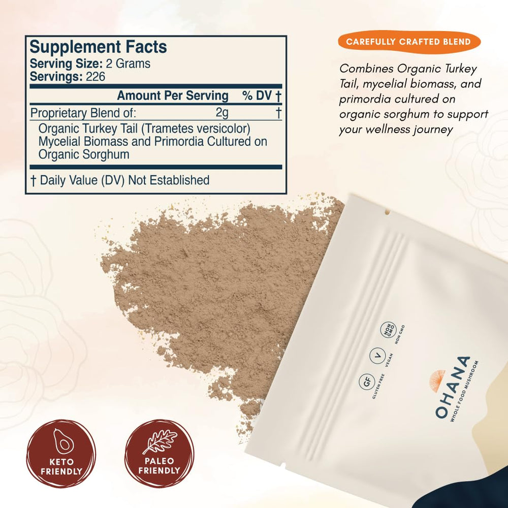 Ohana Turkey Tail organic mushroom powder bag USA-grown quality in a convenient form.