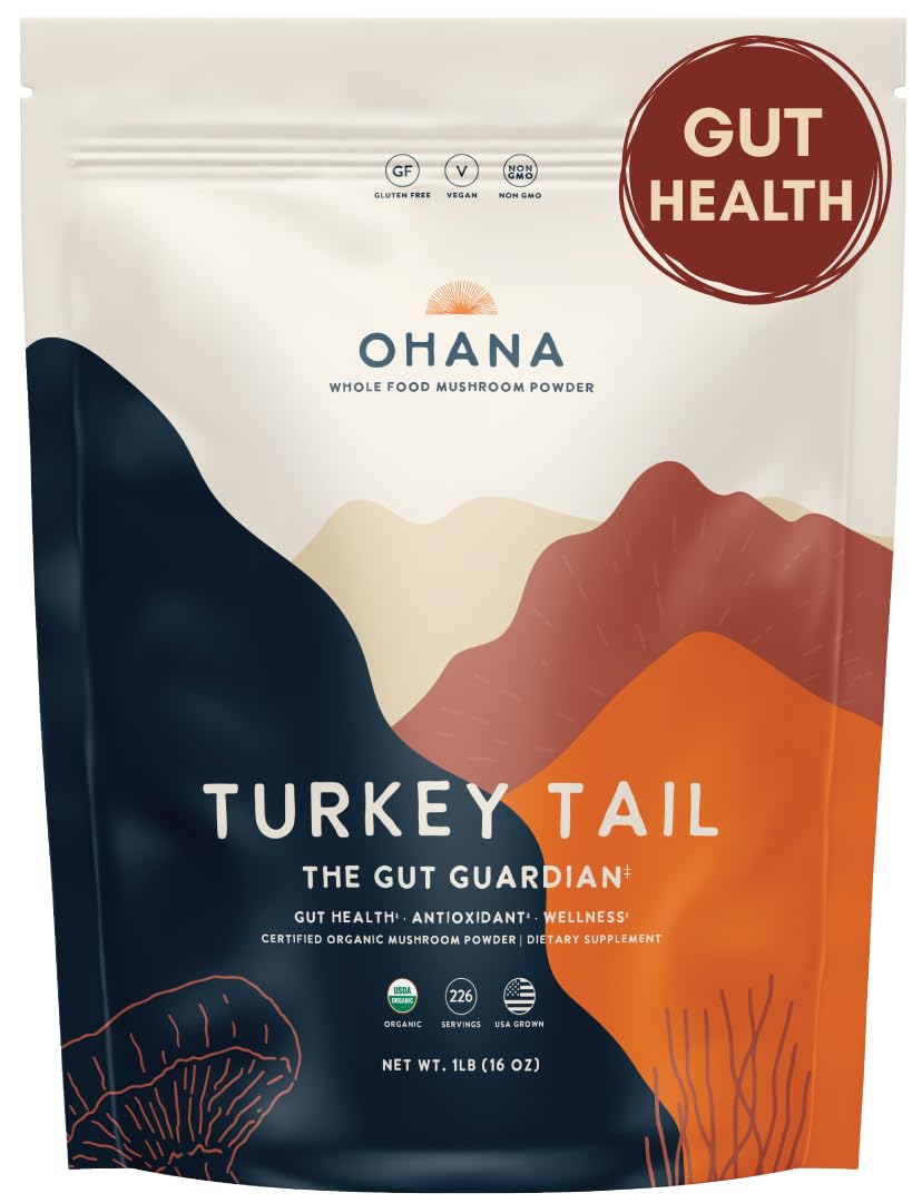 Ohana Turkey Tail powder in a bag supports daily shakes with a clean, organic boost.