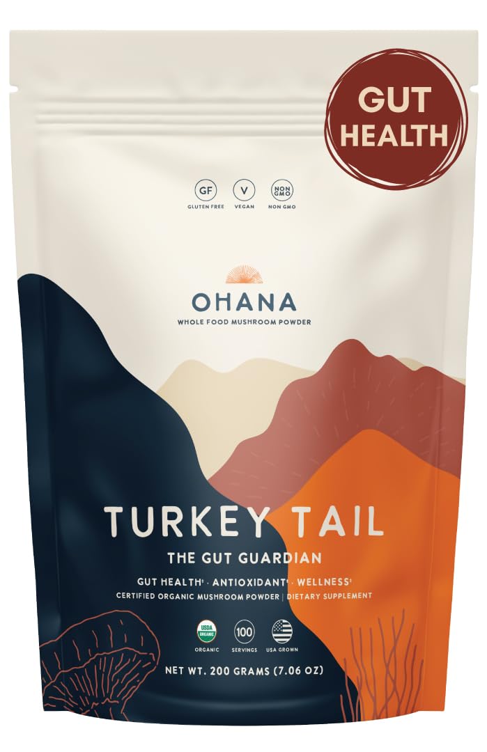 Ohana Turkey Tail powder bottle shows organic blend for daily wellness.