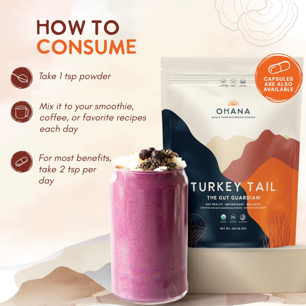 Ohana Turkey Tail powder cup blend into coffee, tea, or smoothies effortlessly.