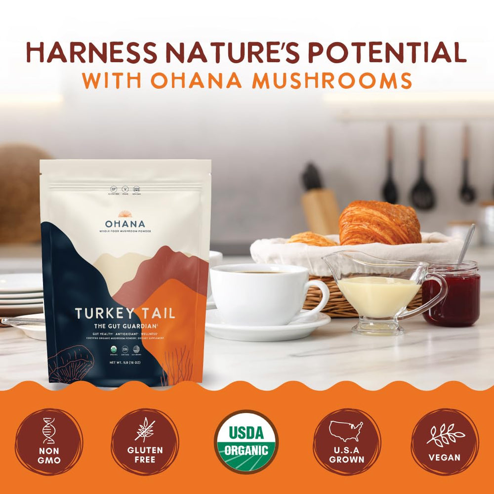 Ohana Turkey Tail powder dispensing simple scoop for quick daily use.