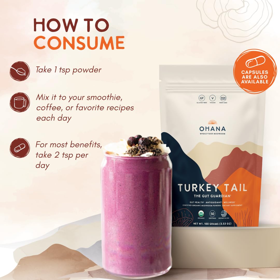 Ohana Turkey Tail powder scoop beside a smoothie for easy mixing