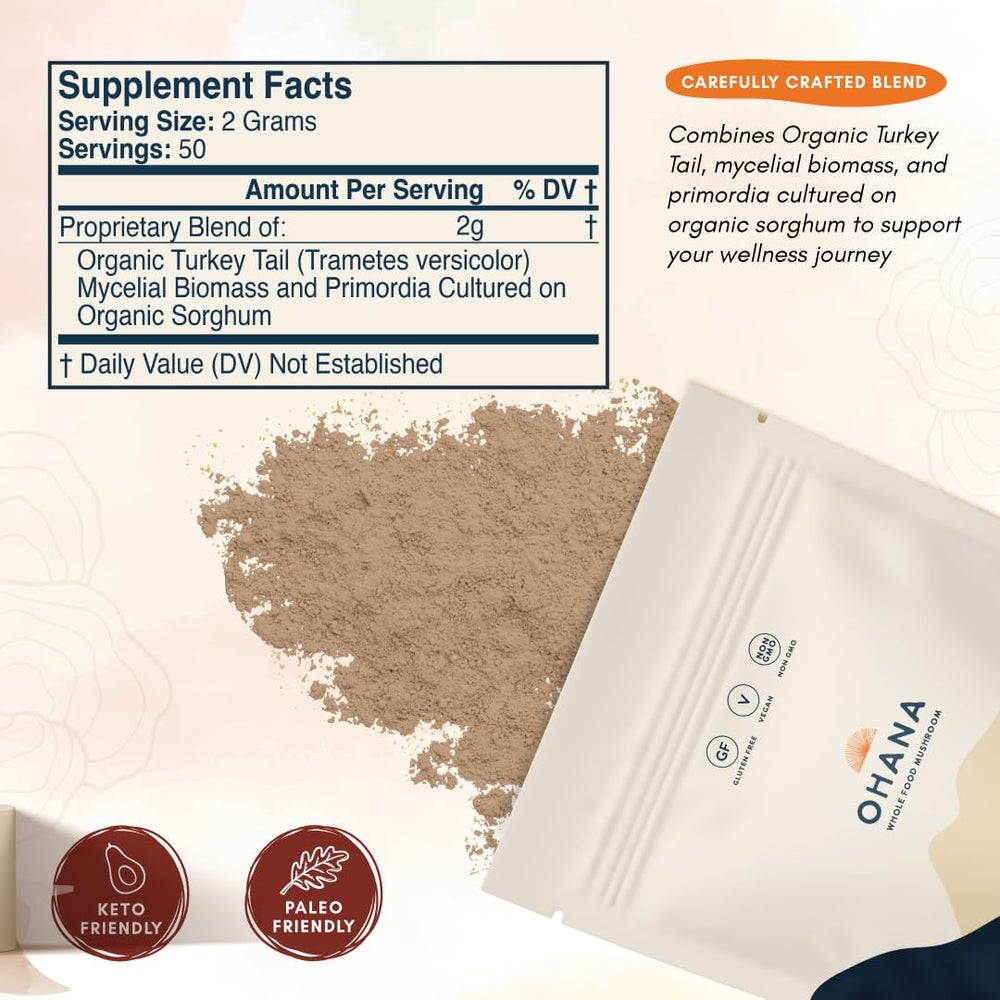 Ohana Turkey Tail powder stirred into a drink for a warm, nourishing ritual