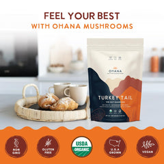 Ohana Turkey Tail smoothie glass demonstrates versatile mix-in for daily routines.
