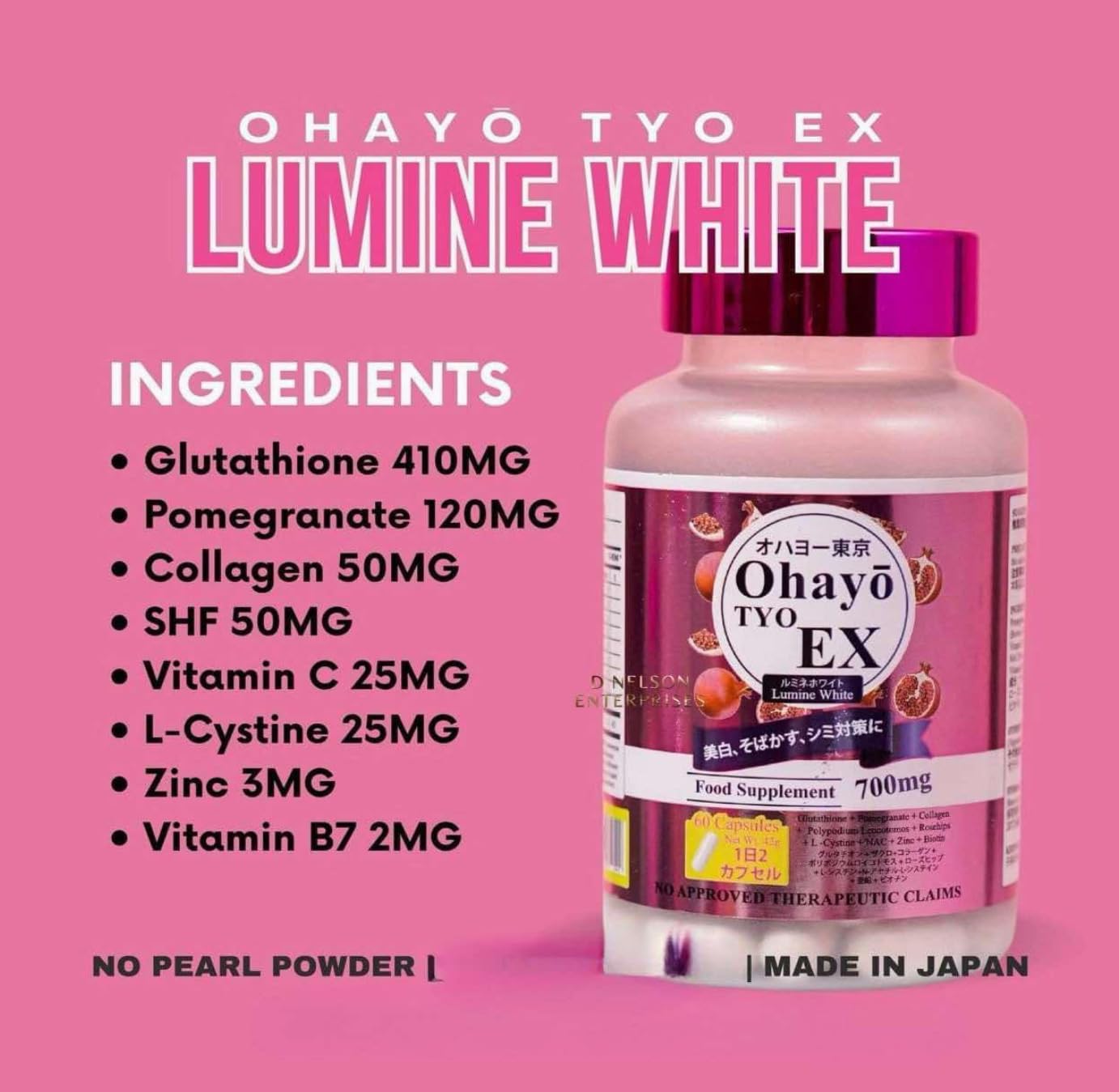 OhayoTYO EX Lumine White nutrition panel highlights glutathione and minerals.