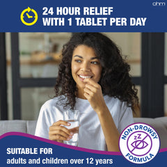 Graphic indicating 24-hour relief from Ohm allergy medicine.
