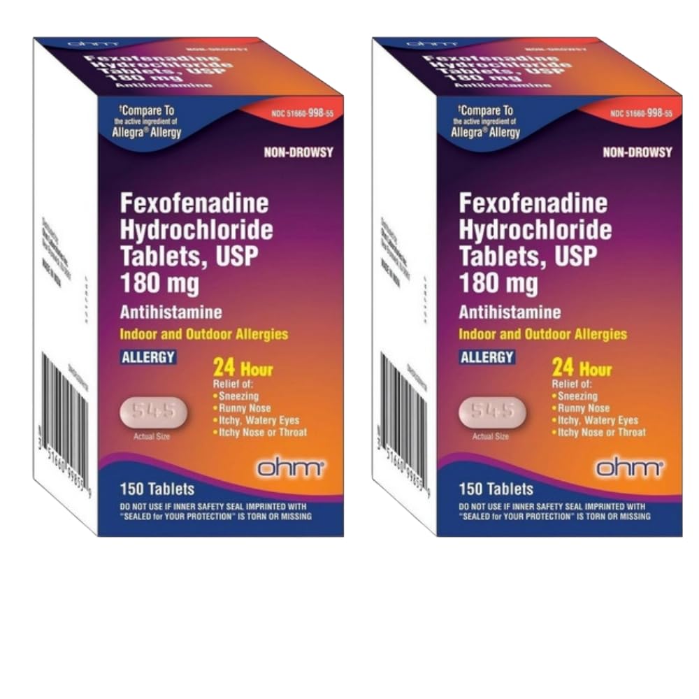 Ohm allergy medicine bottle close-up showing 180 mg tablets for 24-hour relief.